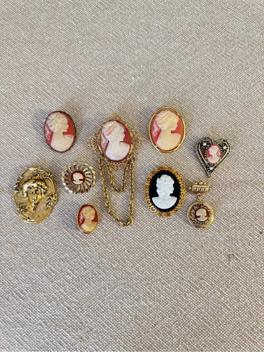 Vintage Faux Cameo 50pc Collection Estate Brooch Necklace Earrings & Jewelry Box